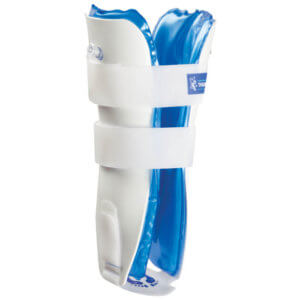White and blue ankle brace on a white background