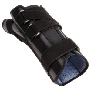 Black wrist and thumb brace on a white background