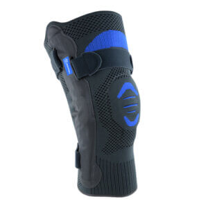 Genu Dynastab with semi rigid strapping and dual hinge design and patented pull tabs.